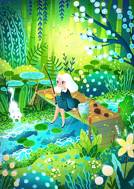 Girl Fishing with Cat in Nature