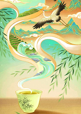 Crane, Tea, and Mountain Landscape