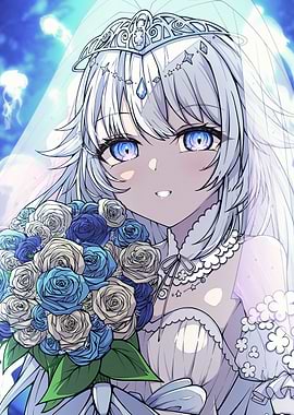 Anime Bride with Blue Rose Bouquet