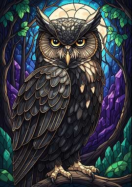 Stained Glass Owl in Forest