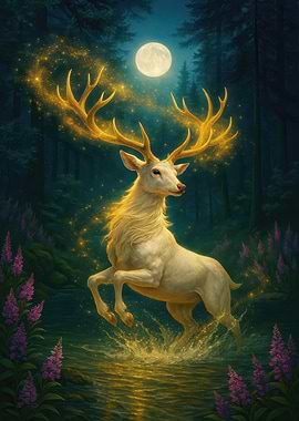 Golden Deer in Moonlight