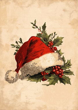 Vintage Santa Hat with Holly Berries