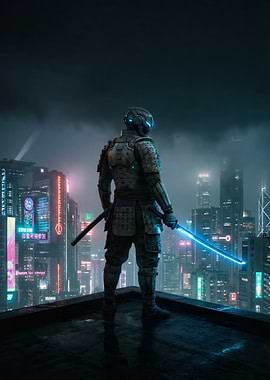 Cyberpunk Samurai in Futuristic Cityscape