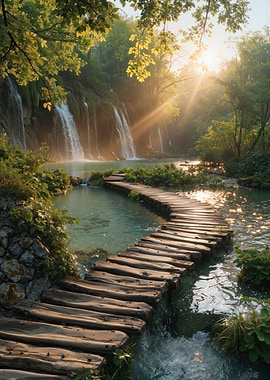 Wooden Path Through Waterfall
