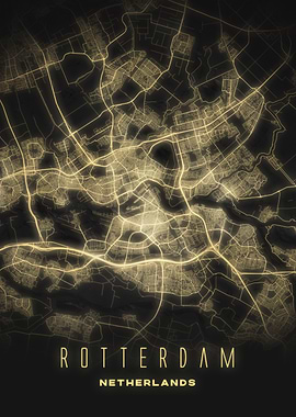 Rotterdam, Netherlands - Illuminated Night City Map Poster, Modern Urban Wall Art