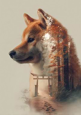Shiba Inu and Autumn Forest Double Exposure