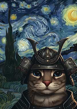 Samurai Cat Starry Night Painting