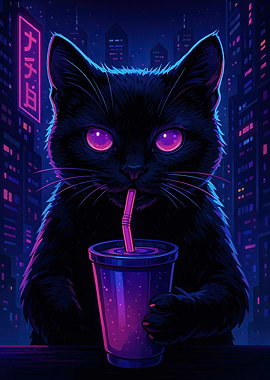 Cyberpunk Cat with Drink