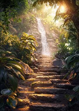 Golden Waterfall Stone Path Forest