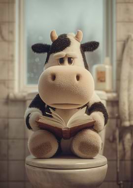 Cow Reading Book on Toilet