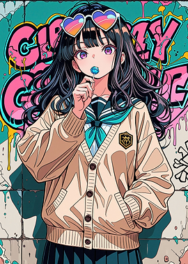 Anime Girl with Lollipop and Graffiti