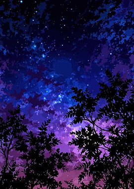 Starry Night Sky with Silhouetted Trees