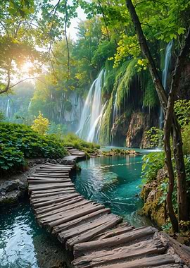 Waterfall and Wooden Path