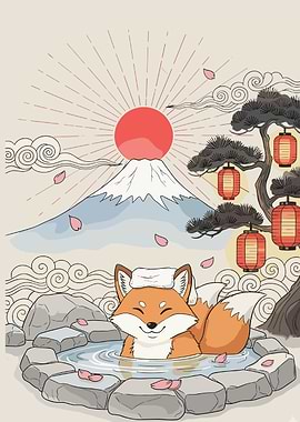 Fox in Onsen with Mount Fuji