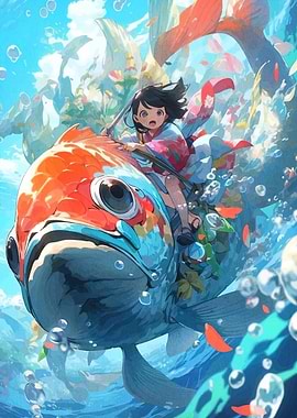 Girl Riding a Giant Koi Fish