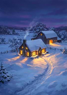 Winter Cabin and Barn at Dusk