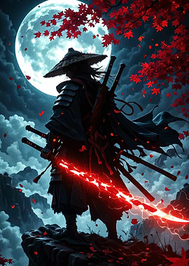 Samurai with Glowing Sword under Moonlight
