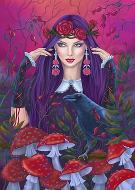 Gothic beauty with Raven and Mushrooms