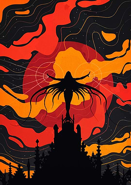 Silhouette Figure on Castle with Red Sky