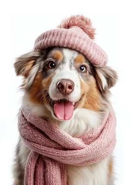Cozy Australian Shepherd with Hat and Scarf