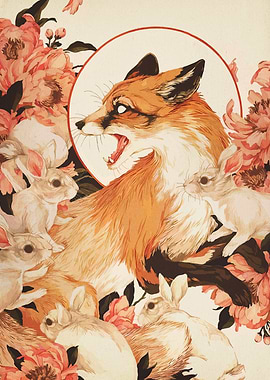 Fox, Rabbits, and Peonies Illustration