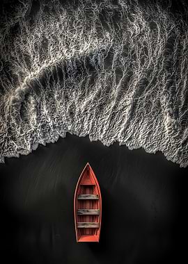 Red Boat on Black Sand Beach