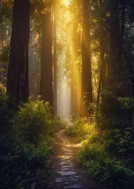 Golden Waterfall Stone Path Forest