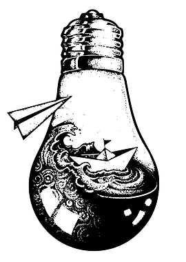 Lightbulb with Paper Boat and Plane