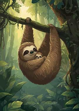 Sloth and Baby Sloth in Jungle