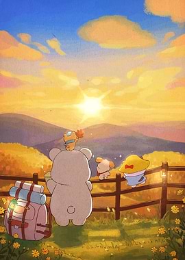 Cute Animals Watching Sunset Landscape