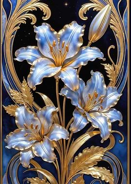 Blue Lilies with Golden Accents