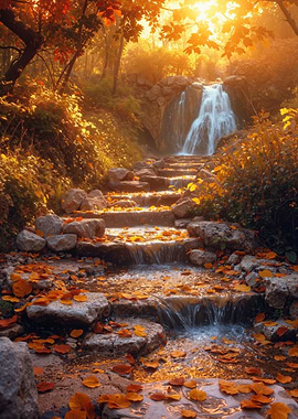Autumn Waterfall with Stone Steps