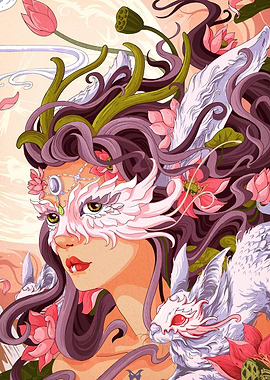 Woman with Rabbit Mask and Lotus