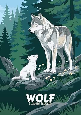 Wolf and Cub in Forest Illustration