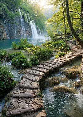 Waterfall and Wooden Path
