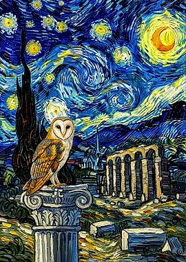 Owl in Starry Night Style Painting