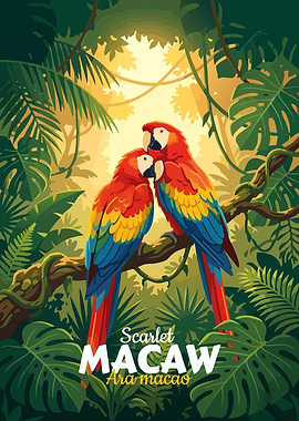 Scarlet Macaw Pair in Jungle Illustration
