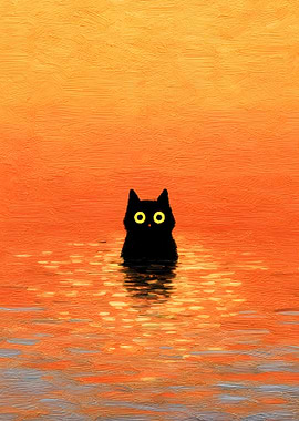 Black Cat in Water at Sunset