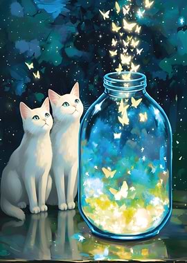 Two White Cats and a Jar of Starlight Butterflies of Dreams