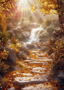 Autumn Waterfall Stone Path