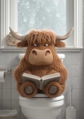 Cartoon Highland Cow Reading on Toilet