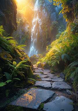 Mossy Waterfall Stone Path Sunset