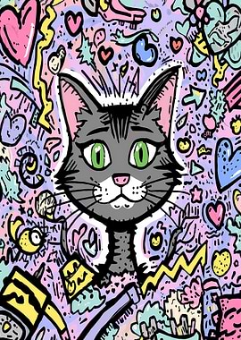 Cartoon Cat with Doodle Background