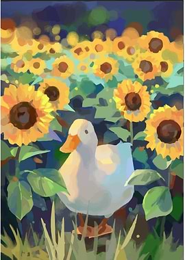 Duck in Sunflower Field Painting