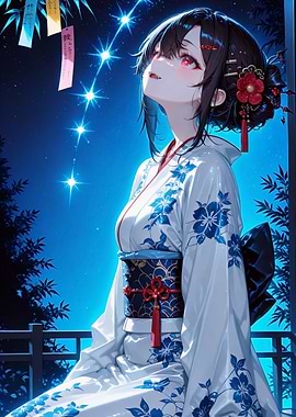 Anime Girl in Kimono Stargazing