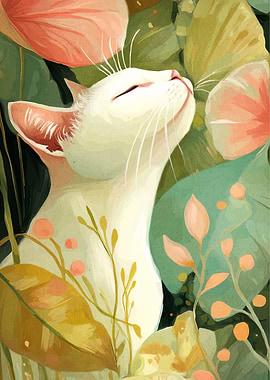 White Cat in Floral Garden