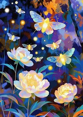 Floral Night with Glowing Butterflies