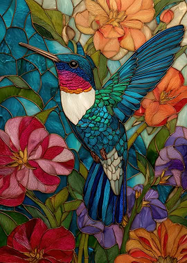 Hummingbird and Flowers Stained Glass Art