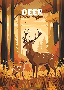 Deer Family in Autumn Forest