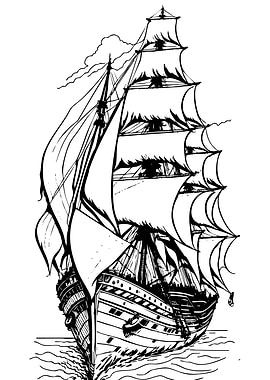 Sailing Ship Black and White Illustration